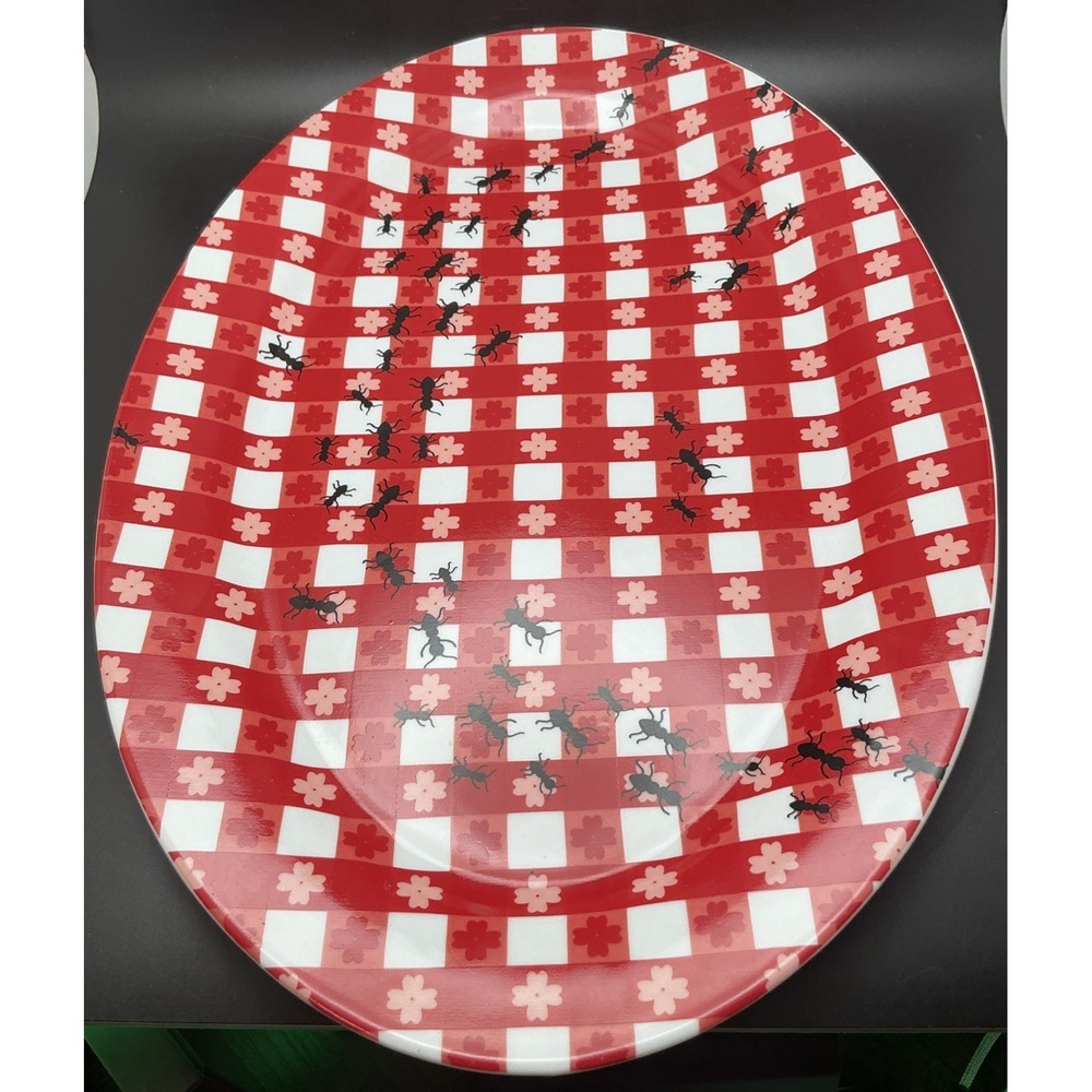 Vtg Pier 1 "Ants At A Picnic" 16x11 Porcelain Serving Platter Red White Gingham